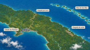 Vista aérea das ilhas de San Blas, no Panamá, destino acessado por transfer terrestre e barco a partir da Cidade do Panamá.