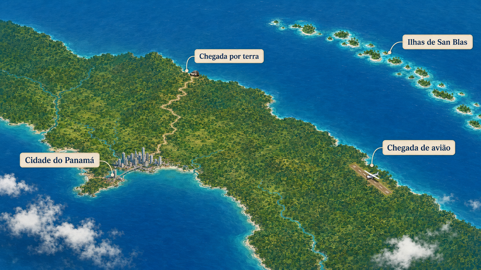 Vista aérea das ilhas de San Blas, no Panamá, destino acessado por transfer terrestre e barco a partir da Cidade do Panamá.