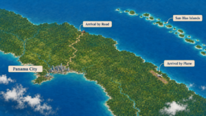 Aerial view of the San Blas Islands in Panama, a destination reached by ground transfer and boat from Panama City.