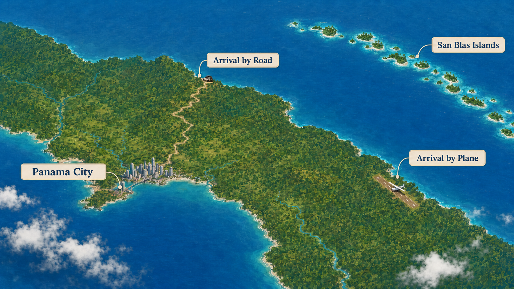 Aerial view of the San Blas Islands in Panama, a destination reached by ground transfer and boat from Panama City.