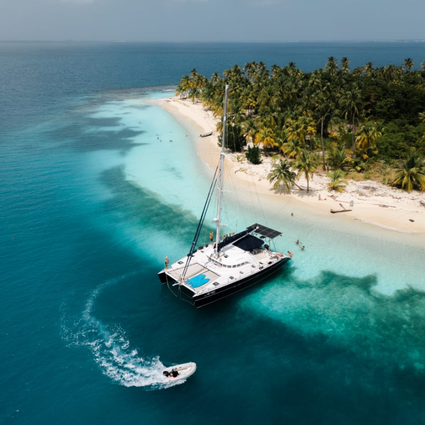 Lagoon 57 catamaran sailing through the islands of San Blas, Panama